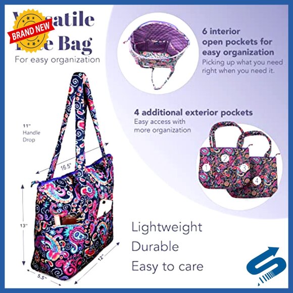 Quilted Shoulder Tote Bag with 10 Pockets, Lightweight Travel Organizer
